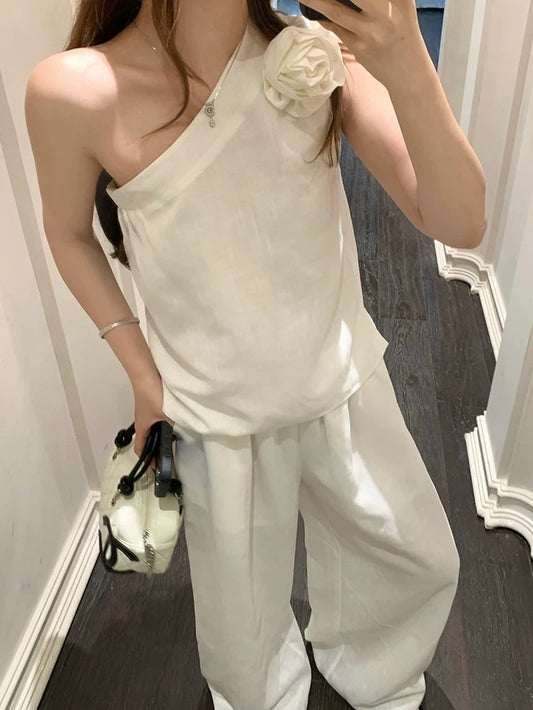 White Linen Two-Piece Set – Sleeveless Top & Wide-Leg Pants