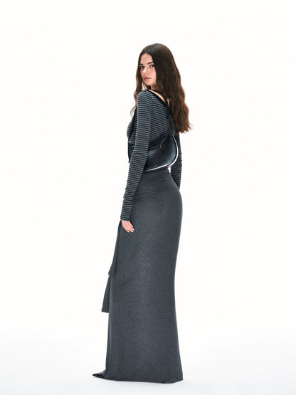 Off-Shoulder Black & Gray Striped Slim-Fit Long-Sleeve Top