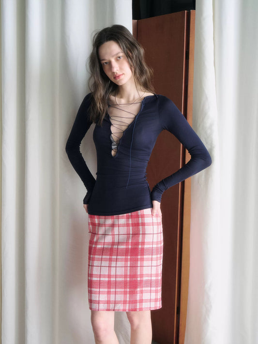 Navy Blue 100% TENCEL V-Neck Sheer Long Sleeve Tie-Detail Top