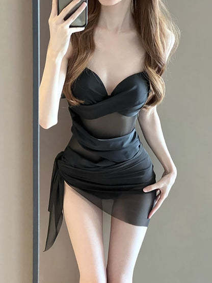 Black Luxe One-Piece Swimsuit With Skirt