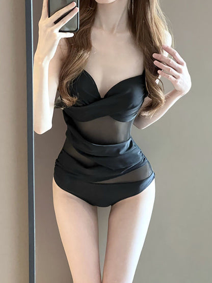 Black Luxe One-Piece Swimsuit With Skirt