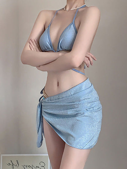 ‘Blue Pearls’ - Blue 3-Piece Bikini Set with Pendants
