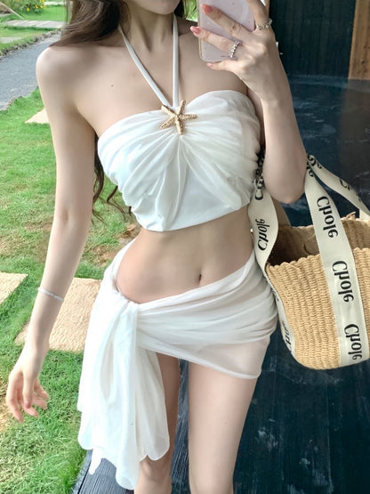 LUMIÈRE White Starfish Bandeau Bikini Set with Sheer Wrap Skirt