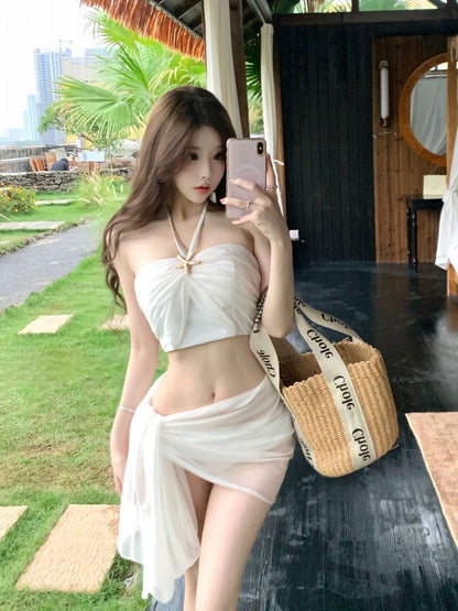 LUMIÈRE White Starfish Bandeau Bikini Set with Sheer Wrap Skirt