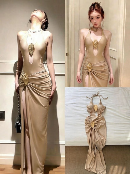AURELIA Gold Halter Cut-Out One Piece Swim Dress
