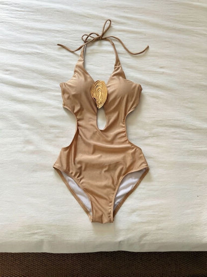 AURELIA Gold Halter Cut-Out One Piece Swim Dress