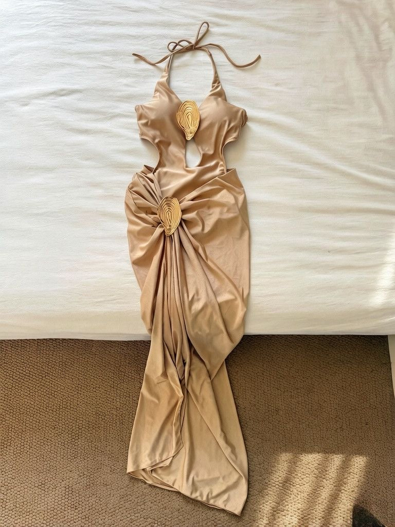 AURELIA Gold Halter Cut-Out One Piece Swim Dress