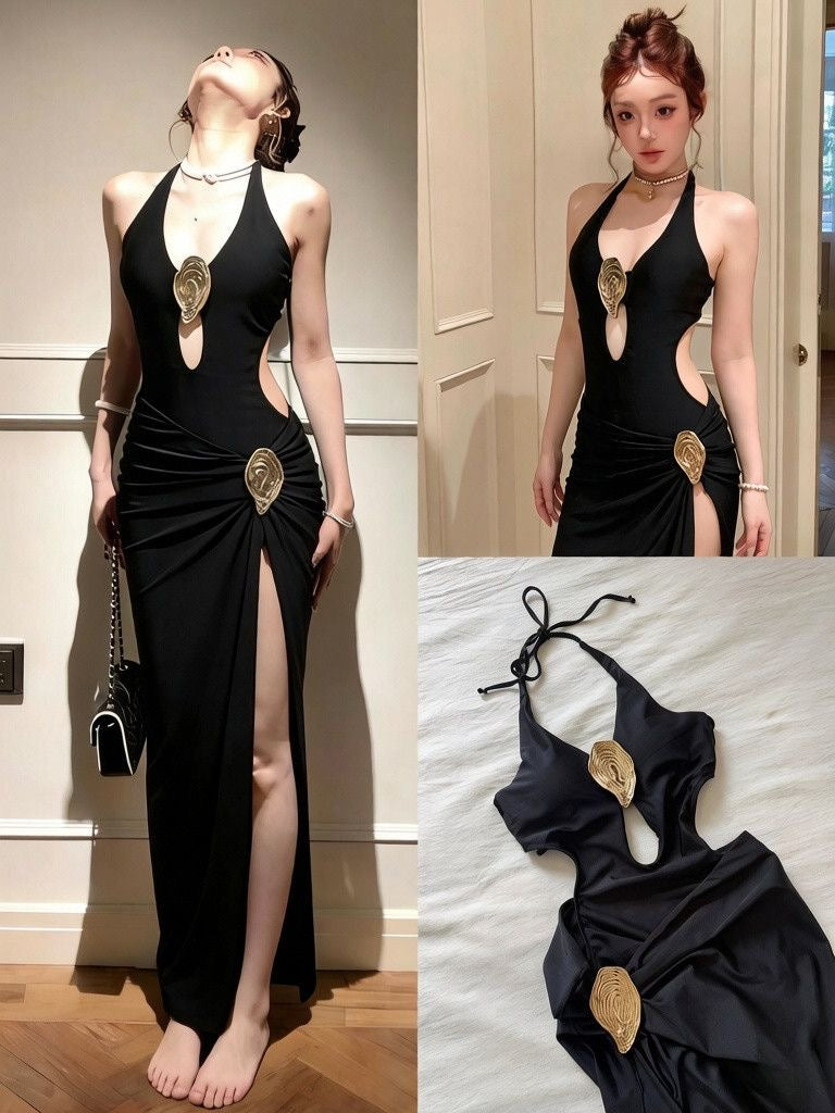 AURELIA Gold Halter Cut-Out One Piece Swim Dress