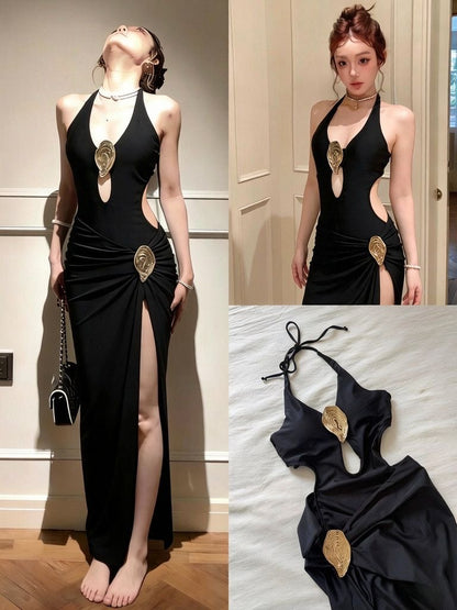 AURELIA Gold Halter Cut-Out One Piece Swim Dress