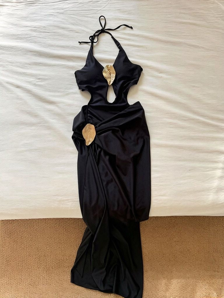 AURELIA Gold Halter Cut-Out One Piece Swim Dress