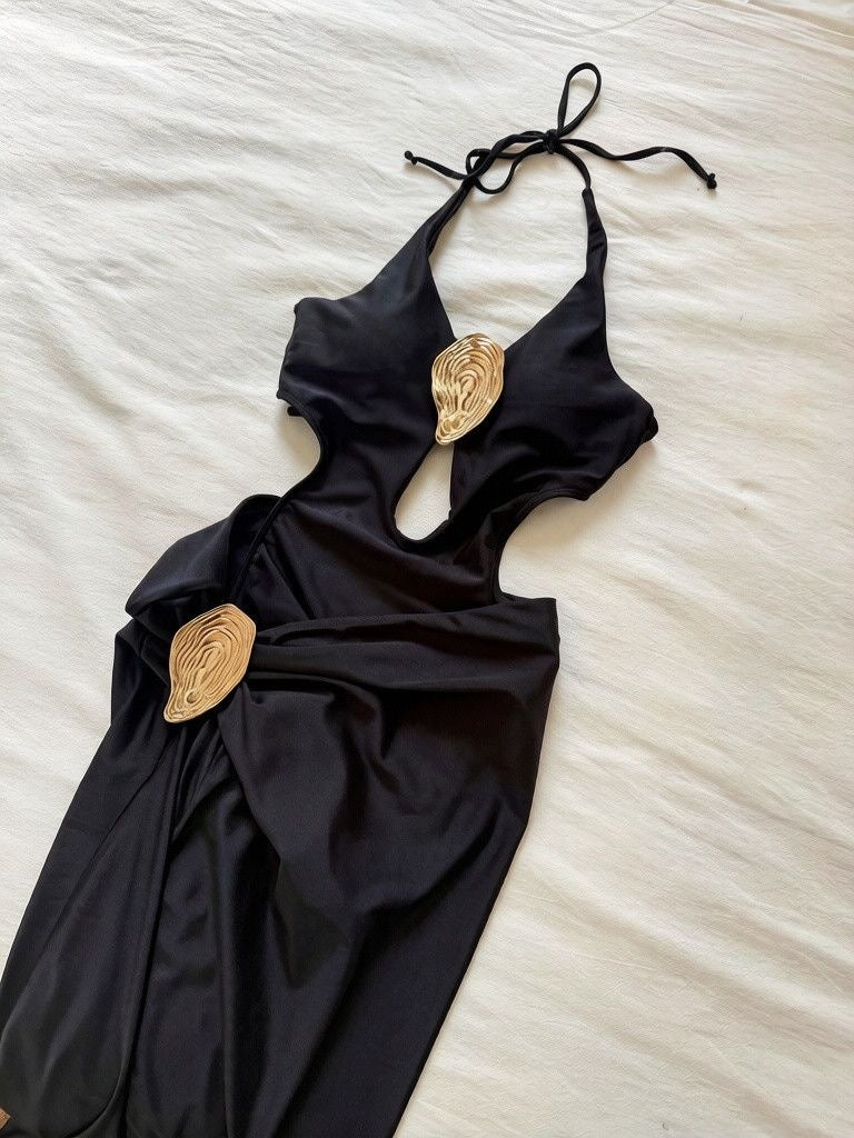 AURELIA Gold Halter Cut-Out One Piece Swim Dress
