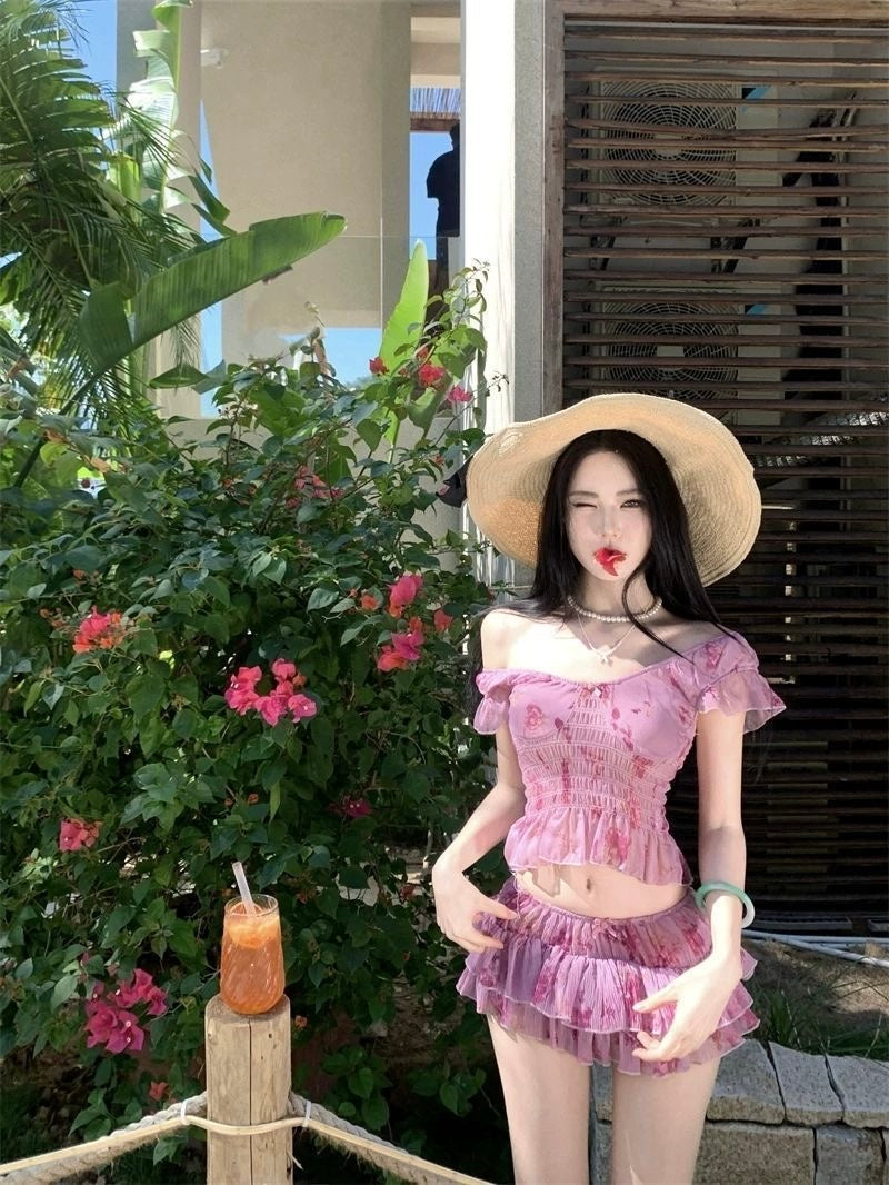ROSÉ Floral Ruffle Bikini Set with Mini Skirt