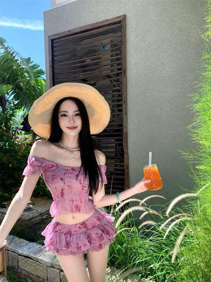 ROSÉ Floral Ruffle Bikini Set with Mini Skirt