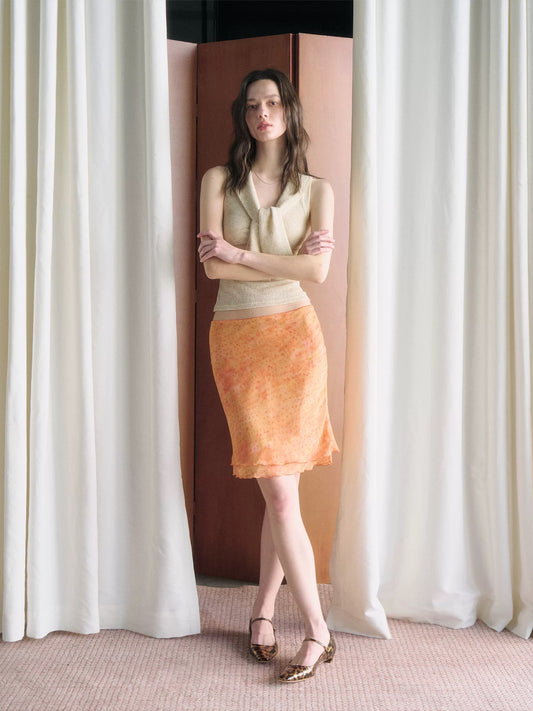 Orange Floral Low-Rise A-Line Midi Skirt | Slim Fit & Semi-Sheer