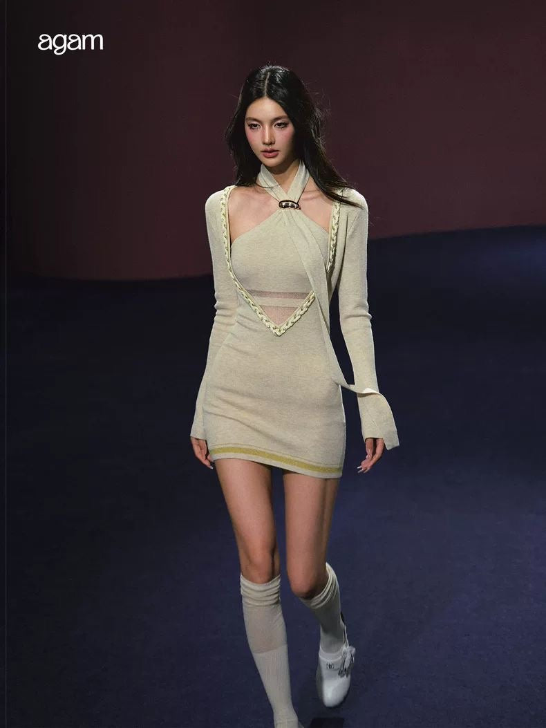 Tweed Layered V-Neck Ribbon Dress Set