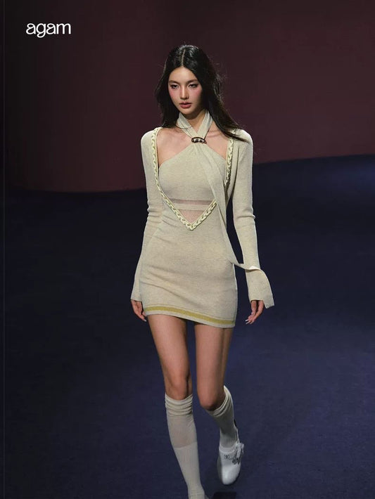 Tweed Layered V-Neck Ribbon Dress Set