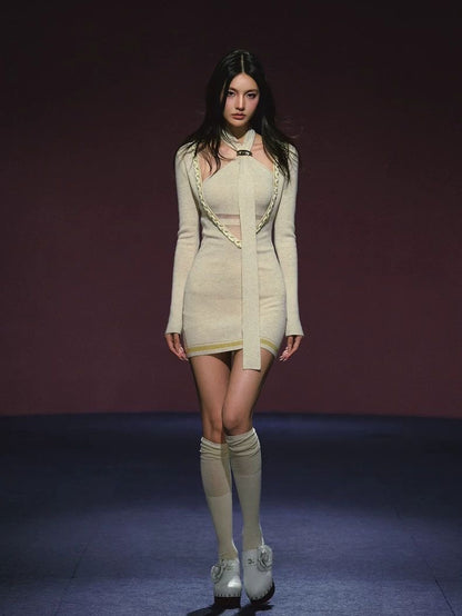 Tweed Layered V-Neck Ribbon Dress Set