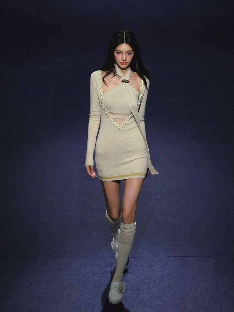 Tweed Layered V-Neck Ribbon Dress Set