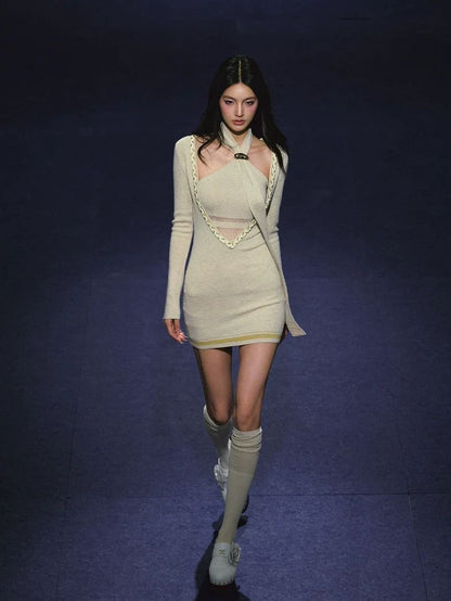 Tweed Layered V-Neck Ribbon Dress Set