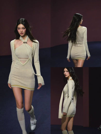 Tweed Layered V-Neck Ribbon Dress Set