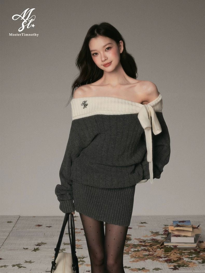 Off-Shoulder Bow Knit Sweater Dress