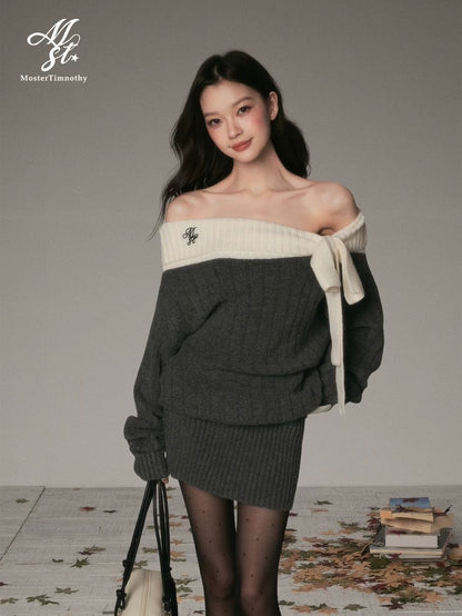 Off-Shoulder Bow Knit Sweater Dress