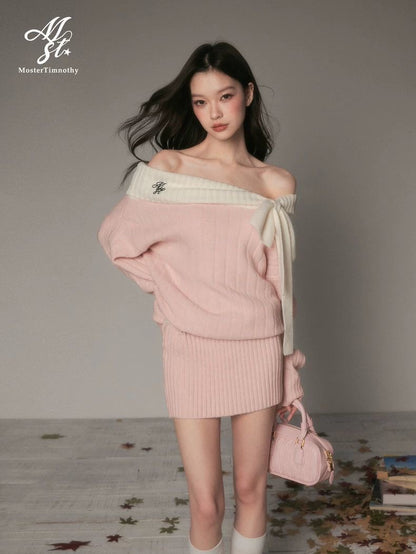 Off-Shoulder Bow Knit Sweater Dress