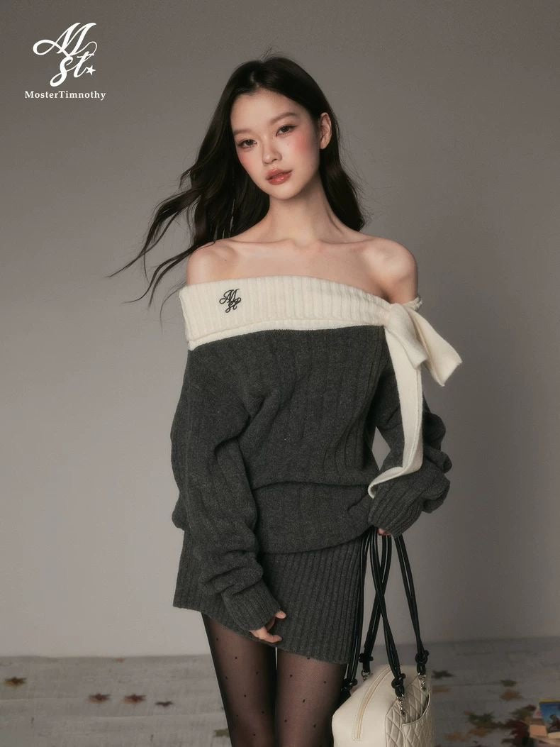 Off-Shoulder Bow Knit Sweater Dress