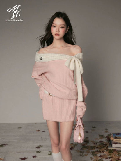 Off-Shoulder Bow Knit Sweater Dress