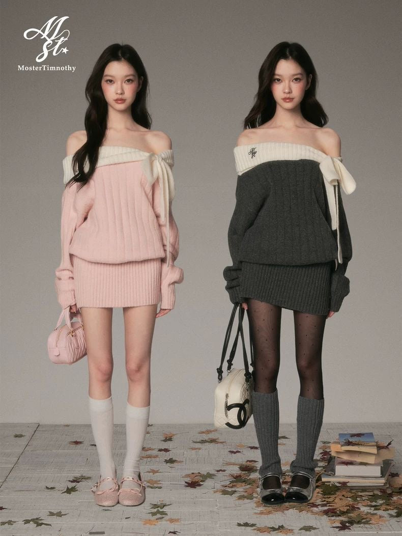 Off-Shoulder Bow Knit Sweater Dress