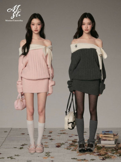Off-Shoulder Bow Knit Sweater Dress