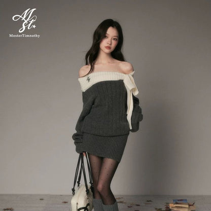 Off-Shoulder Bow Knit Sweater Dress