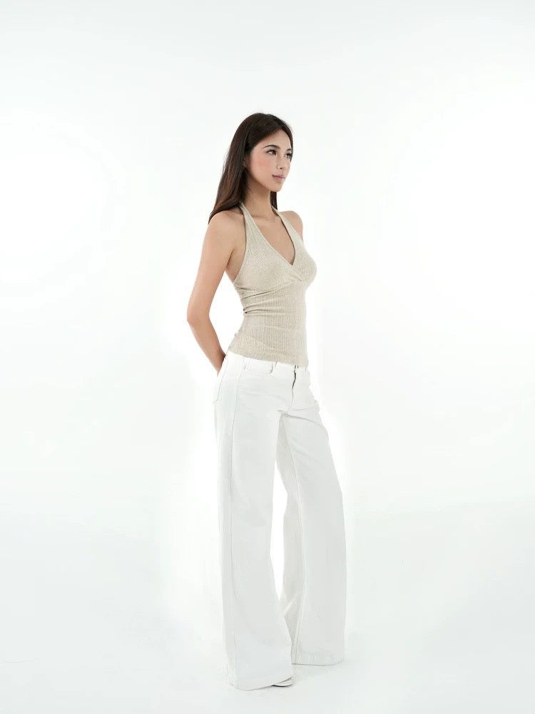Crisscross V-Neck Ribbed Knit Halter Top | Slim Fit Y2K Crop Cami