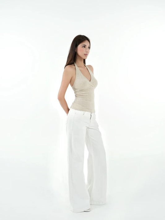 Crisscross V-Neck Ribbed Knit Halter Top | Slim Fit Y2K Crop Cami