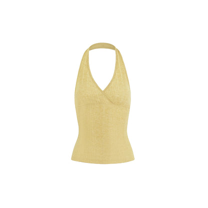 Crisscross V-Neck Ribbed Knit Halter Top | Slim Fit Y2K Crop Cami