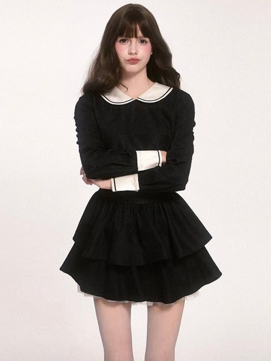 'Miss Hermione' - Black Long-sleeved Two-piece Set