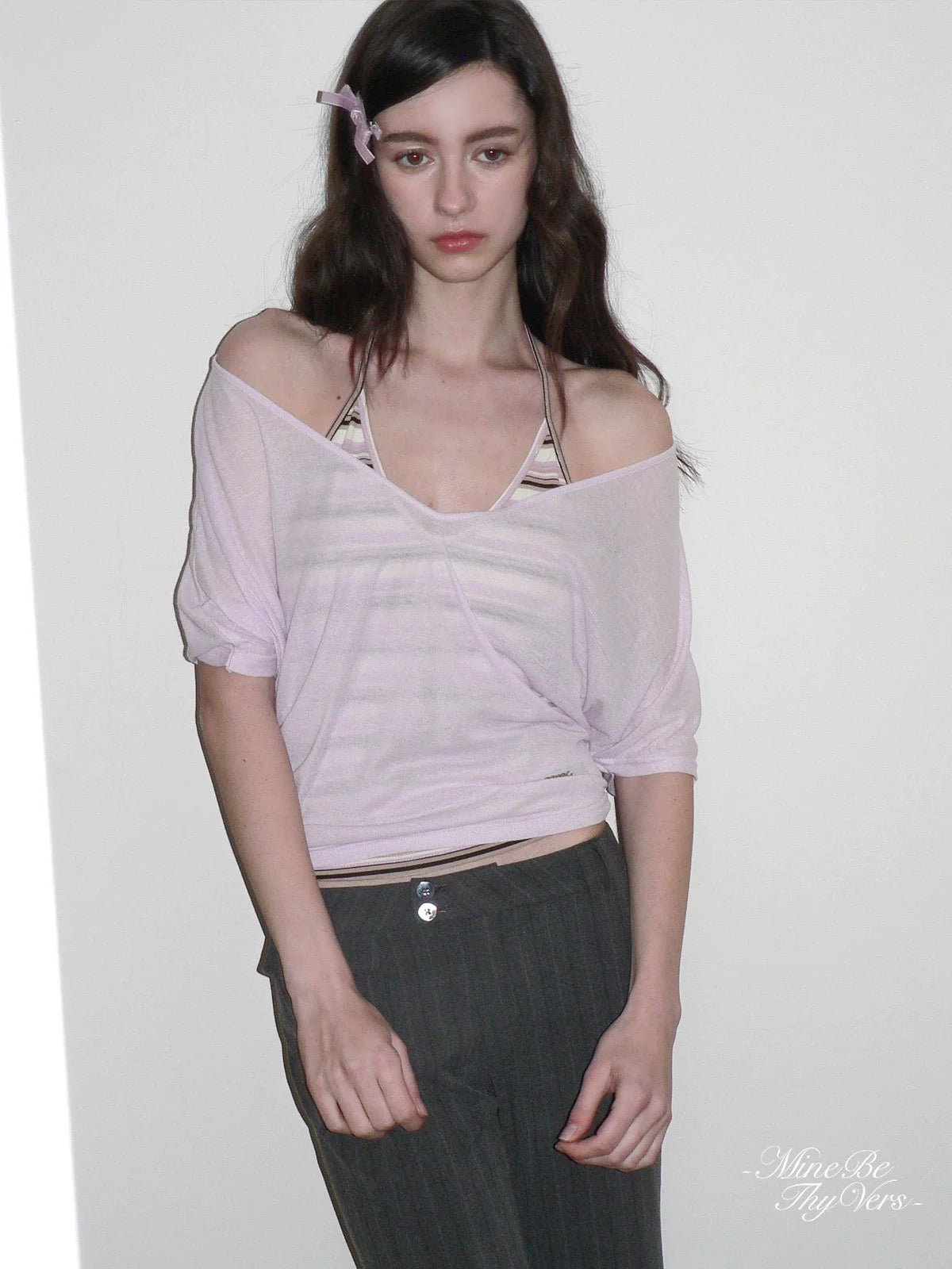 Purple Striped V-Neck Tie Spaghetti Strap Cami with Relaxed Deep V Sheer Cover-up Top