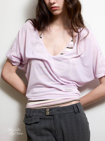 Purple Striped V-Neck Tie Spaghetti Strap Cami with Relaxed Deep V Sheer Cover-up Top