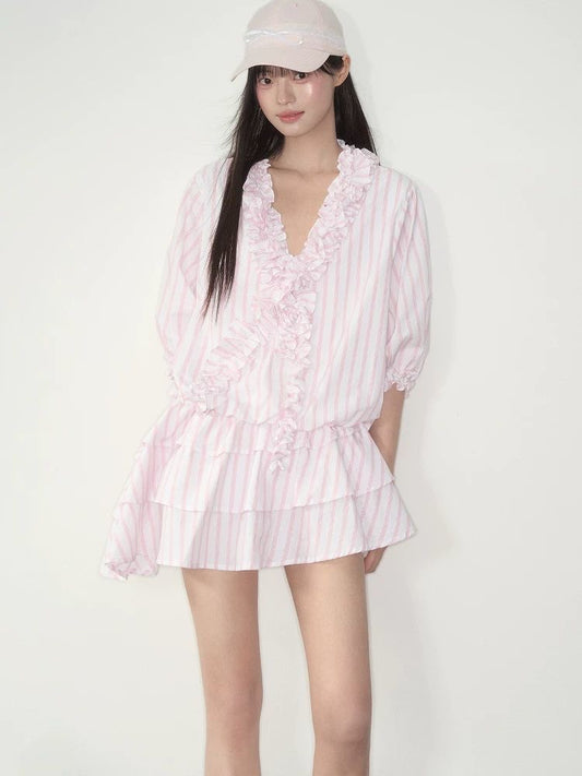 Blush Breeze – Lace Stripe Shirt Dress