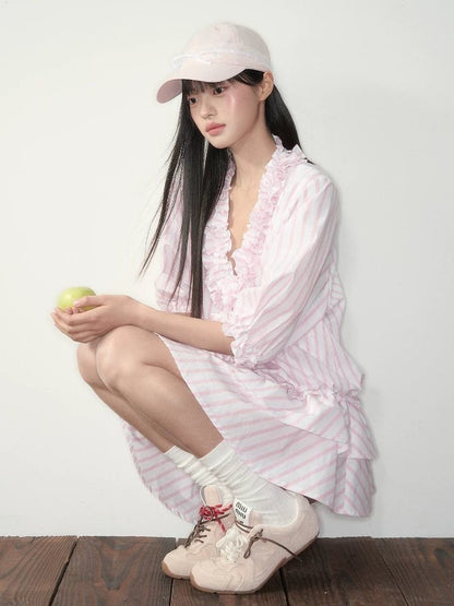 Blush Breeze – Lace Stripe Shirt Dress
