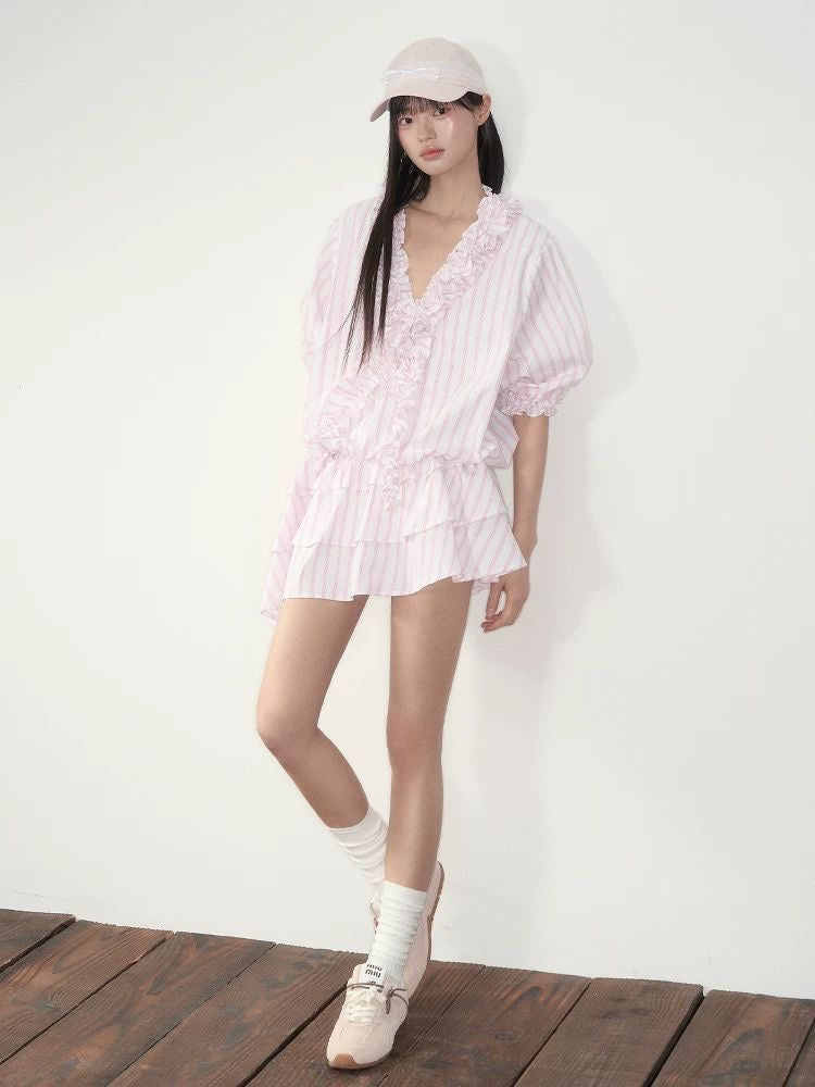 Blush Breeze – Lace Stripe Shirt Dress