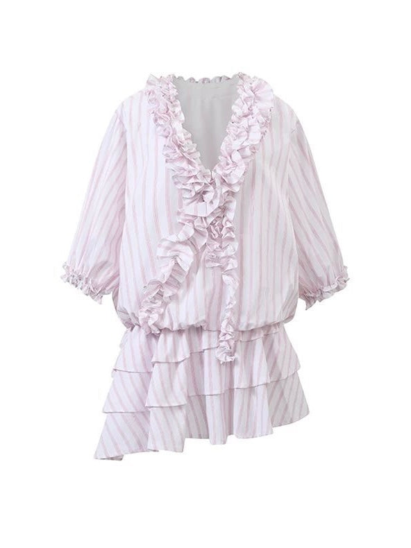 Blush Breeze – Lace Stripe Shirt Dress