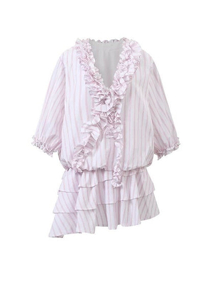 Blush Breeze – Lace Stripe Shirt Dress