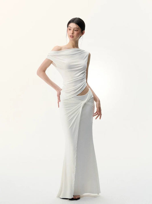 Sculpted Poise - White One-Shoulder Knit Set