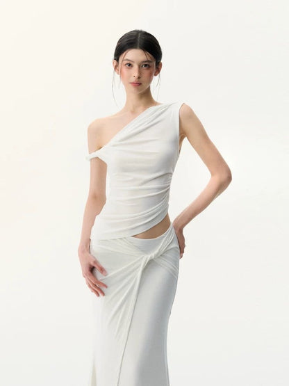 Sculpted Poise - White One-Shoulder Knit Set