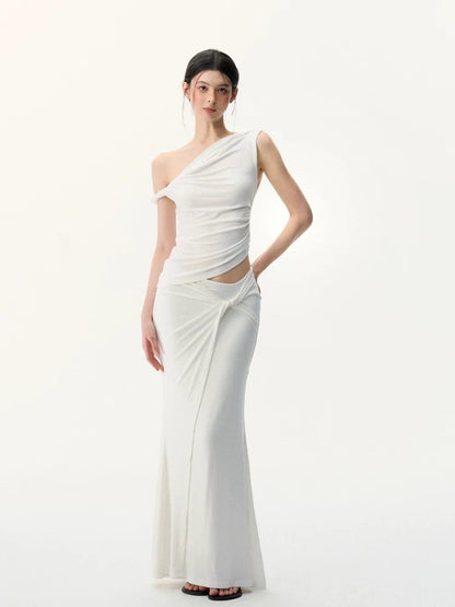 Sculpted Poise - White One-Shoulder Knit Set