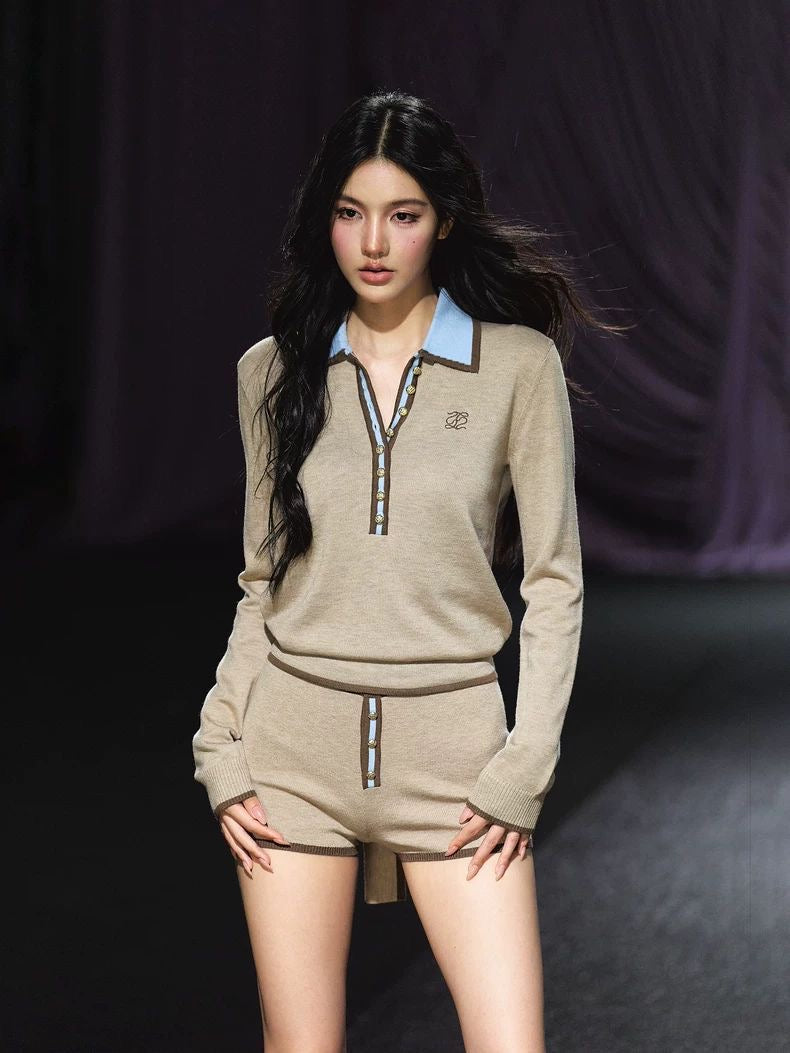 Contrast Trim Polo Ribbon Knit Top & Heart Shorts Set – Beige Coffee