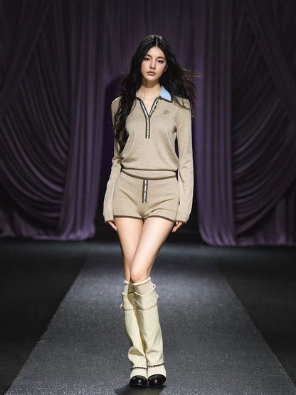 Contrast Trim Polo Ribbon Knit Top & Heart Shorts Set – Beige Coffee