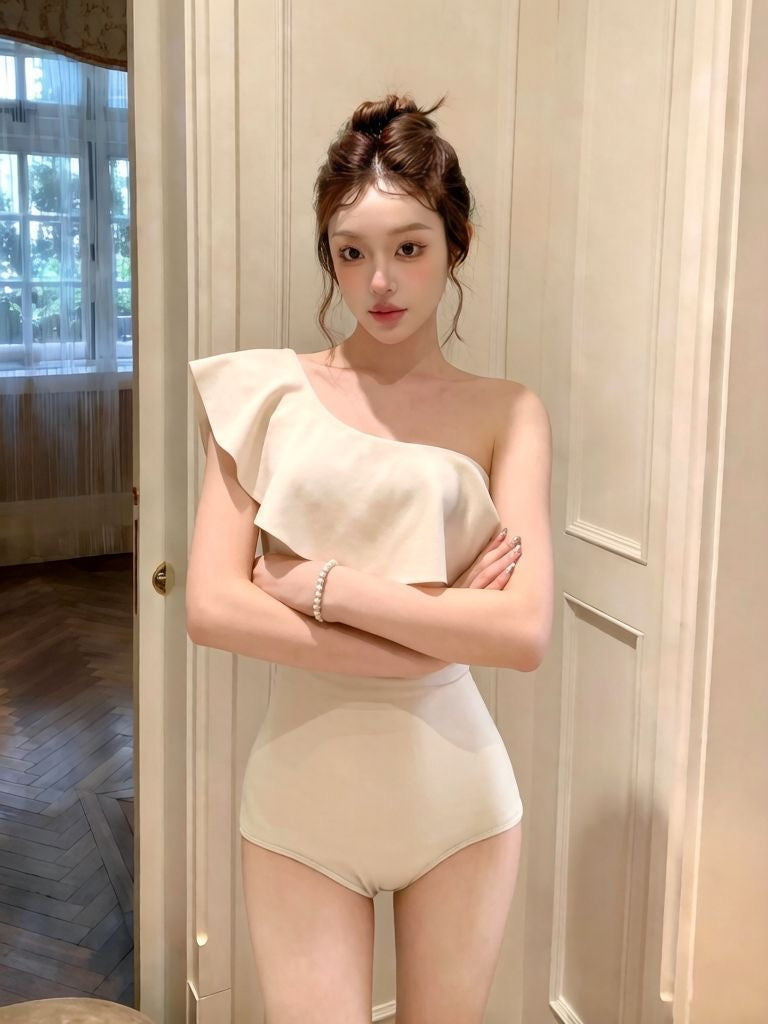 ÉLAN Ivory One Shoulder Ruffle One Piece Swimsuit