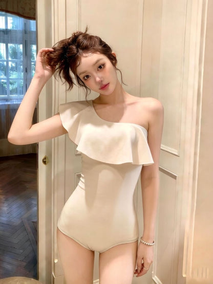 ÉLAN Ivory One Shoulder Ruffle One Piece Swimsuit
